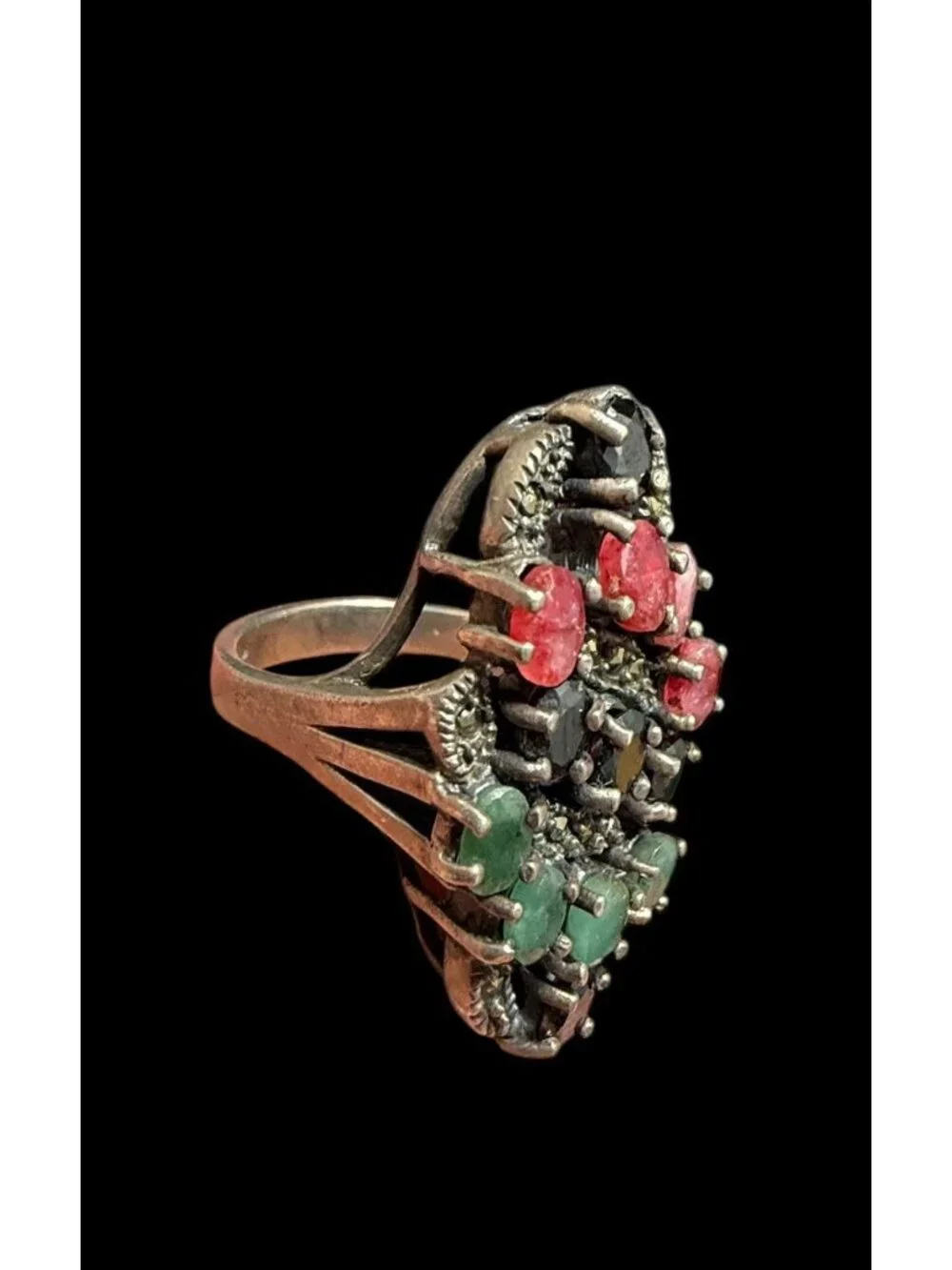 Vintage 925 Art Deco Marcasite Ring Multi Gemstone Ruby Emerald Sapphire